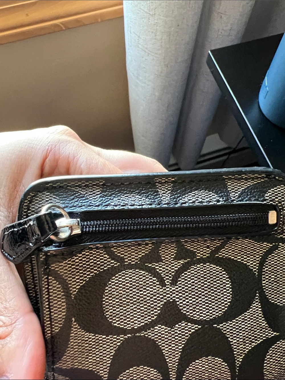 Coach Black and Beige Signature Zip Wallet with Silver Logo - Picture 4 of 6